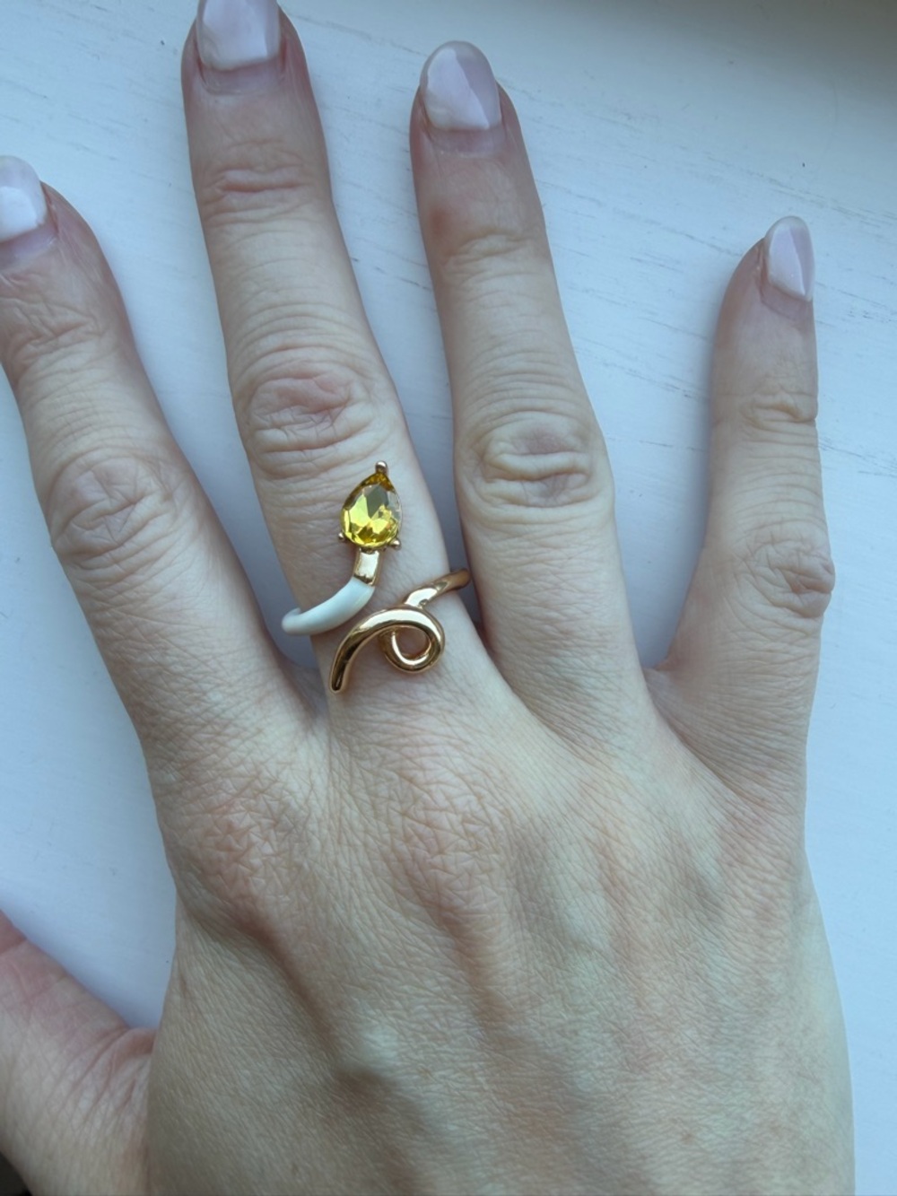 Adjustable Gold Tone & White Enamel Open Snake Ring with Yellow Teardrop Crystal
